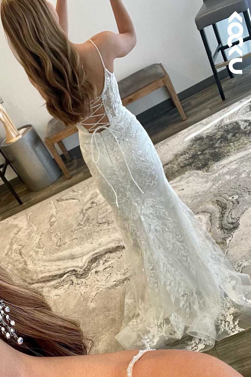 L1600 - Spaghetti Straps Lace Appliqued Tulle Sheath Long Prom Gown