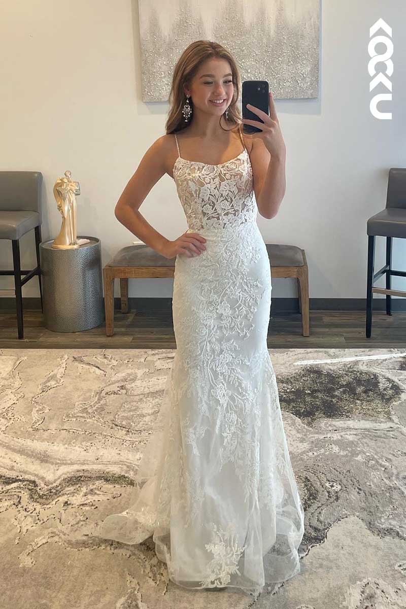 L1600 - Spaghetti Straps Lace Appliqued Tulle Sheath Long Prom Gown