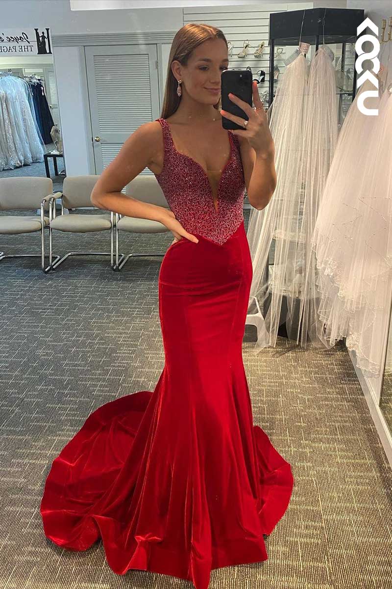L1605 - Deep V-Neck Sequins Beaded Mermaid Long Prom Gown With Sweep Train