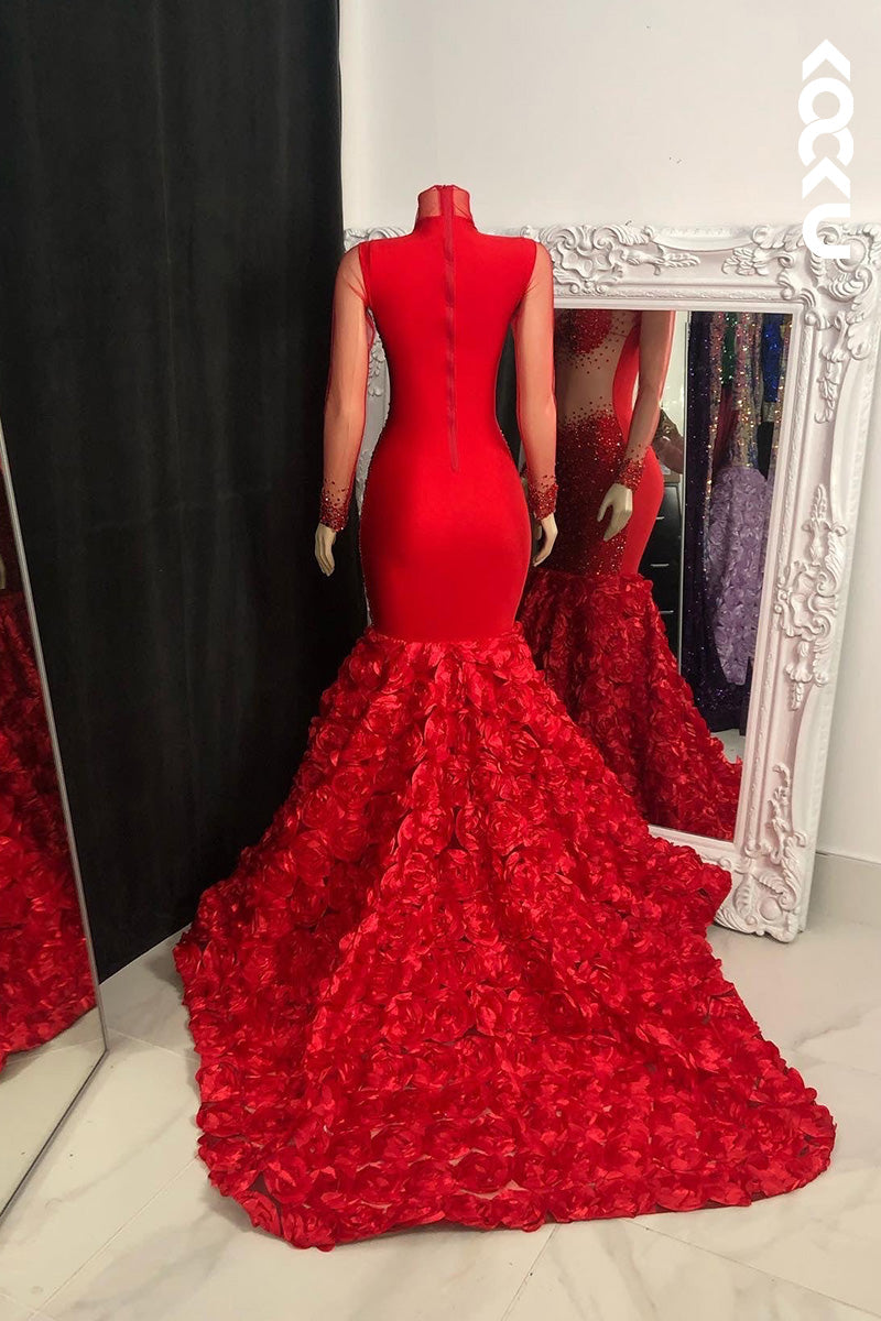 L1609 - High Neck Long Sleeves Sequined Beaded Mermaid Long Prom Gown