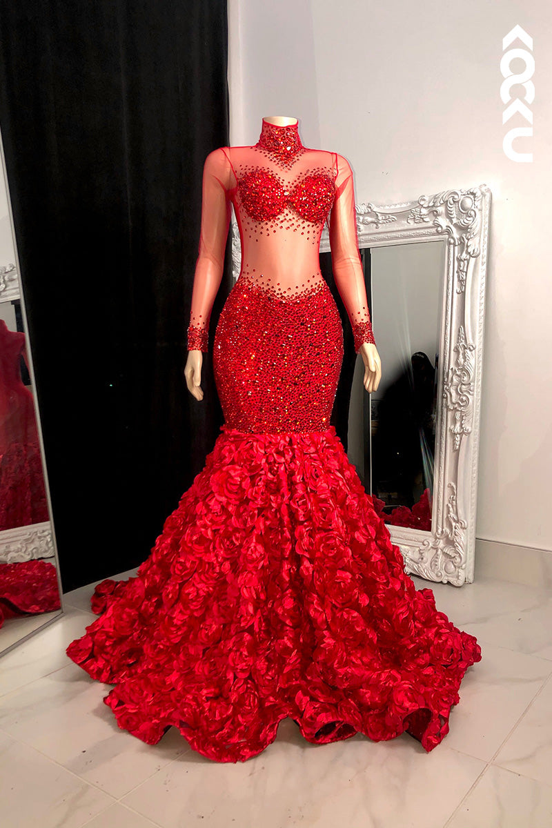 L1609 - High Neck Long Sleeves Sequined Beaded Mermaid Long Prom Gown