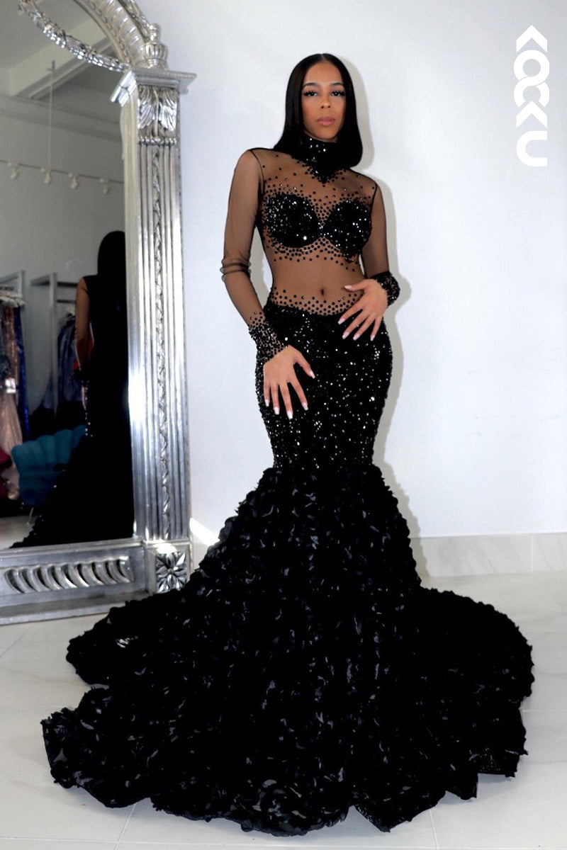 L1609 - High Neck Long Sleeves Sequined Beaded Mermaid Long Prom Gown