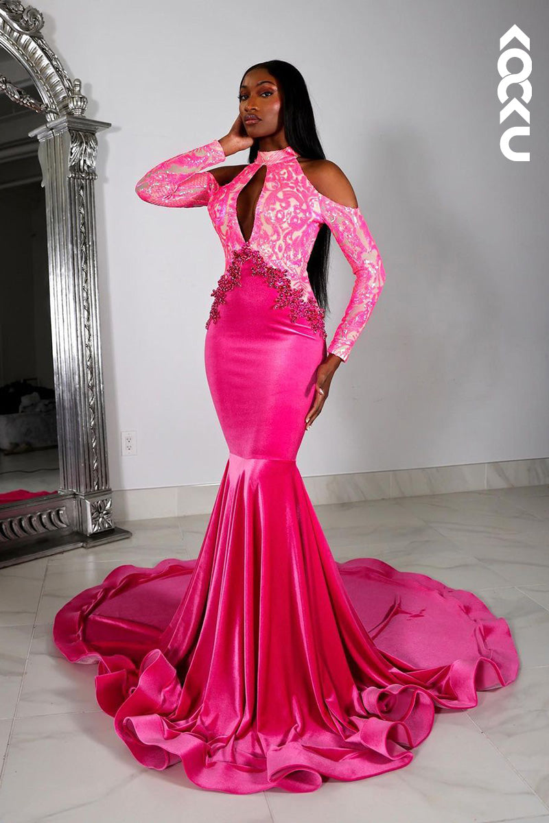 L1610 - Halter Long Sleeves Sequined Beaded Mermaid Long Prom Gown