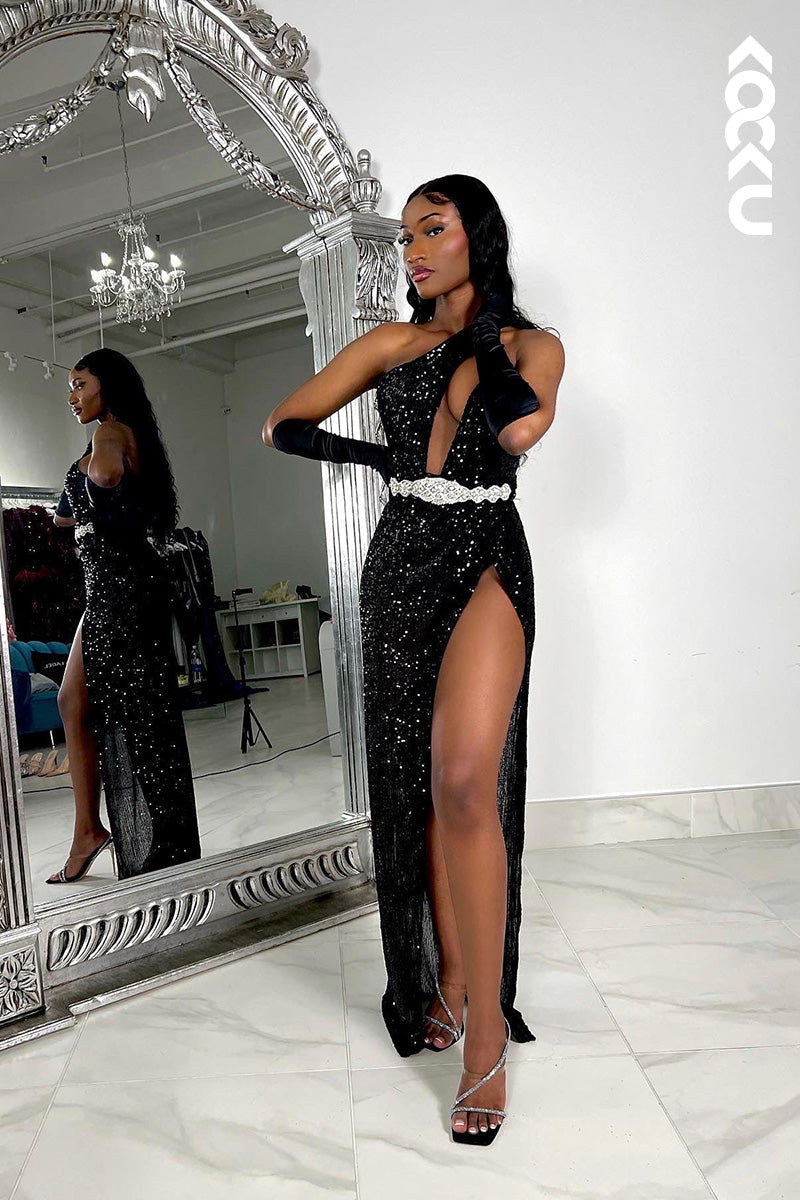 L1611 - One Shoulder Sequined Beaded Cut Outs Sheath Long Prom Gown With Slit