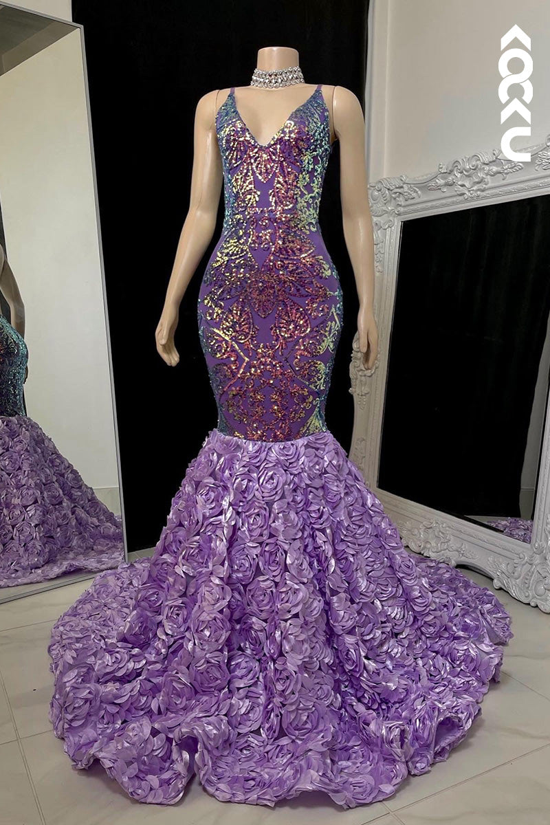 L1615 - V-Neck Spaghetti Straps Sequined Appliqued Mermaid Long Prom Gown