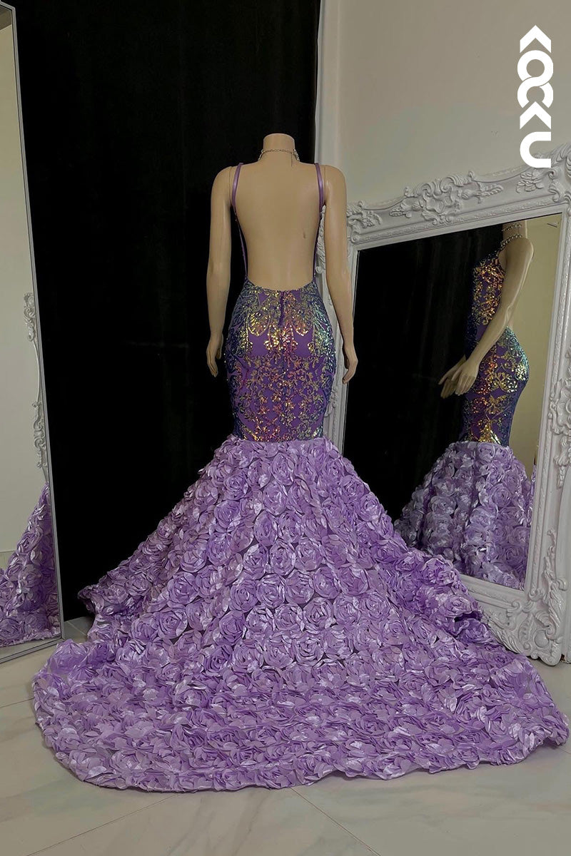 L1615 - V-Neck Spaghetti Straps Sequined Appliqued Mermaid Long Prom Gown
