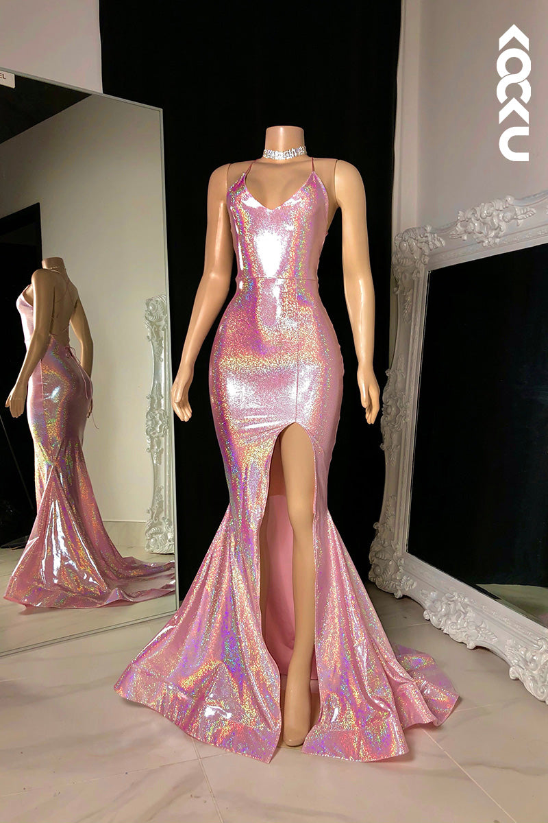 L1617 - V-Neck Spaghetti Straps Sequined Sheath Long Prom Gown With Slit