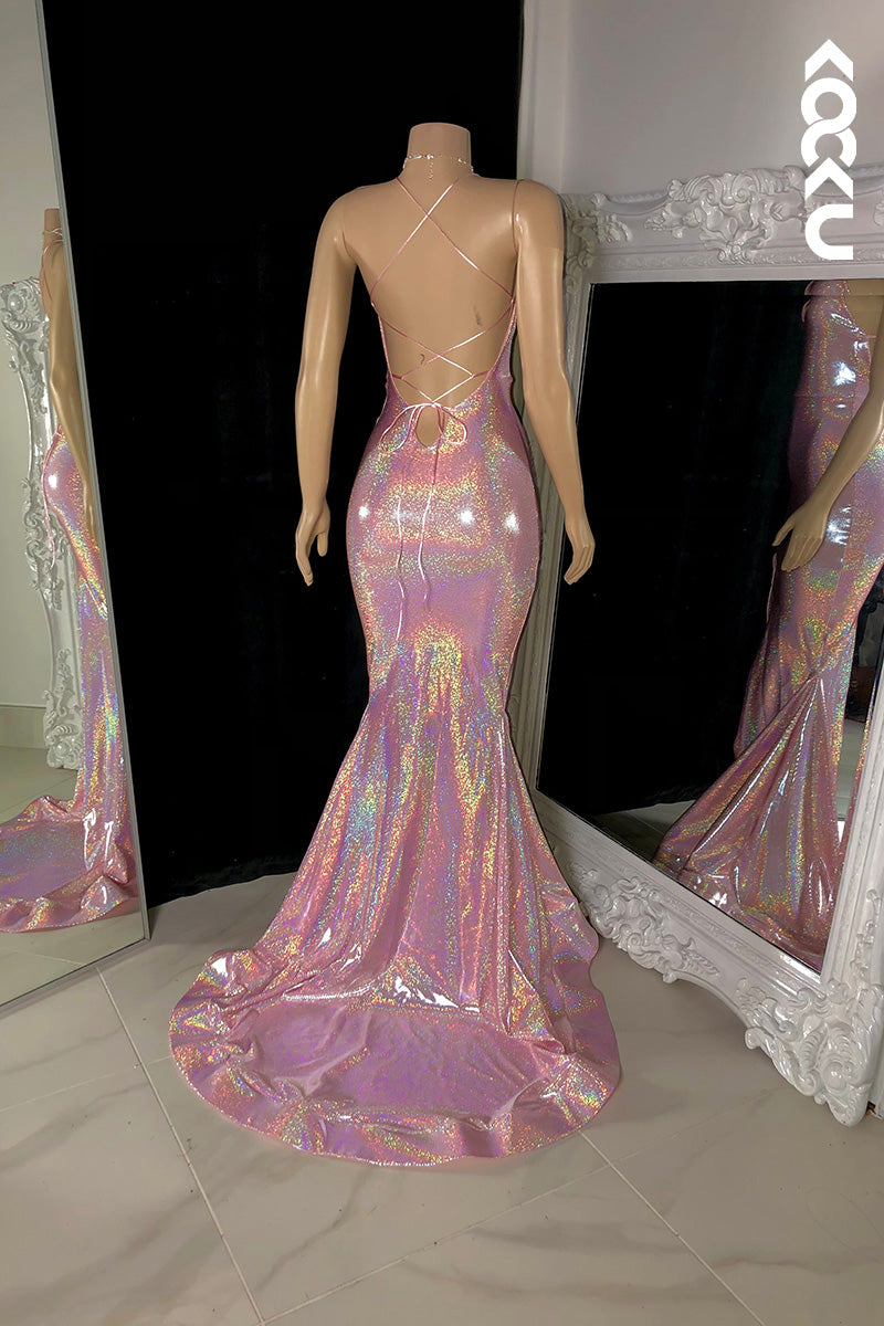 L1617 - V-Neck Spaghetti Straps Sequined Sheath Long Prom Gown With Slit