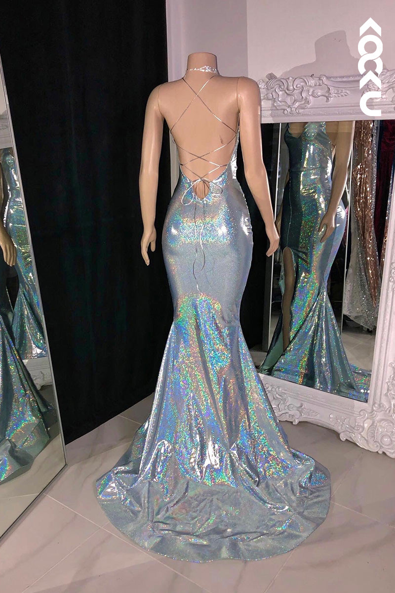 L1618 - V-Neck Spaghetti Straps Sequined Sheath Long Prom Gown With Slit