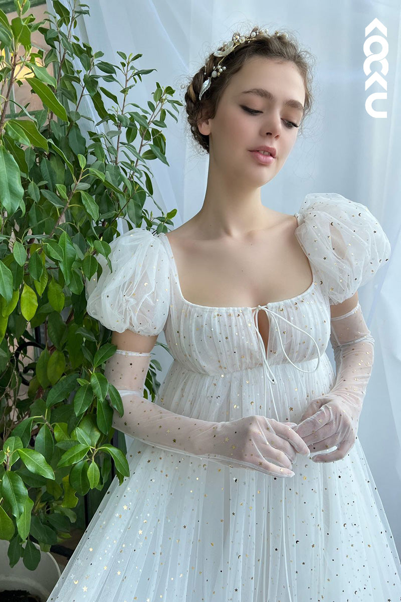 L1621 - Square Neck Short Puff Sleeves Tulle A-Line Long Prom Gown