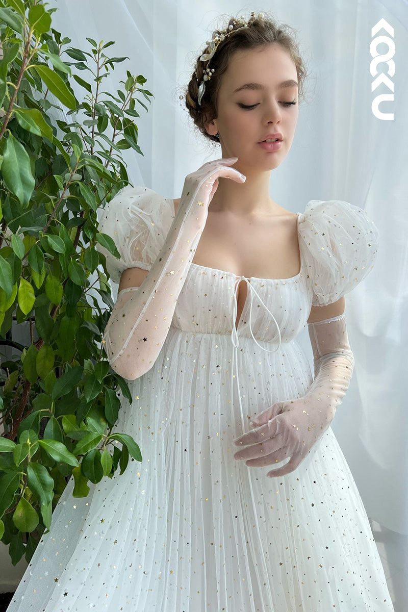L1621 - Square Neck Short Puff Sleeves Tulle A-Line Long Prom Gown
