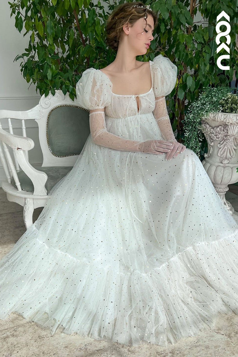 L1621 - Square Neck Short Puff Sleeves Tulle A-Line Long Prom Gown