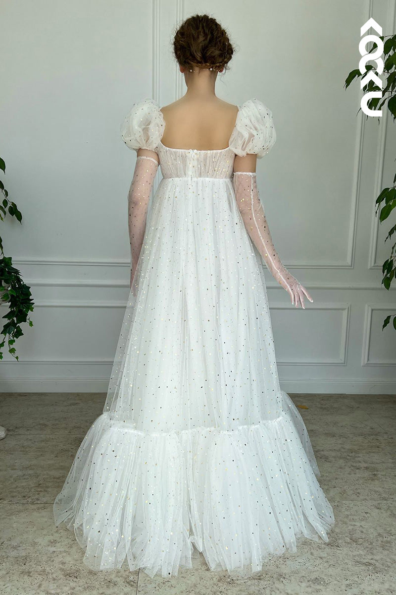 L1621 - Square Neck Short Puff Sleeves Tulle A-Line Long Prom Gown