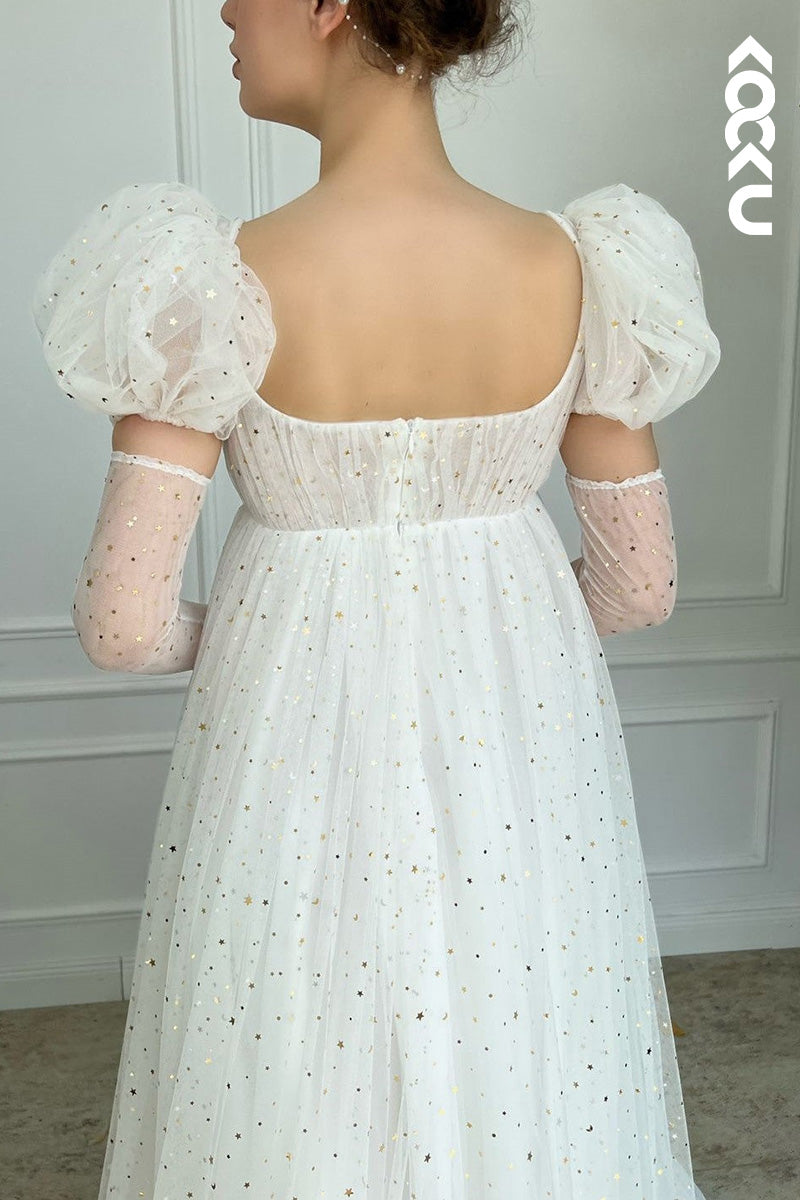 L1621 - Square Neck Short Puff Sleeves Tulle A-Line Long Prom Gown