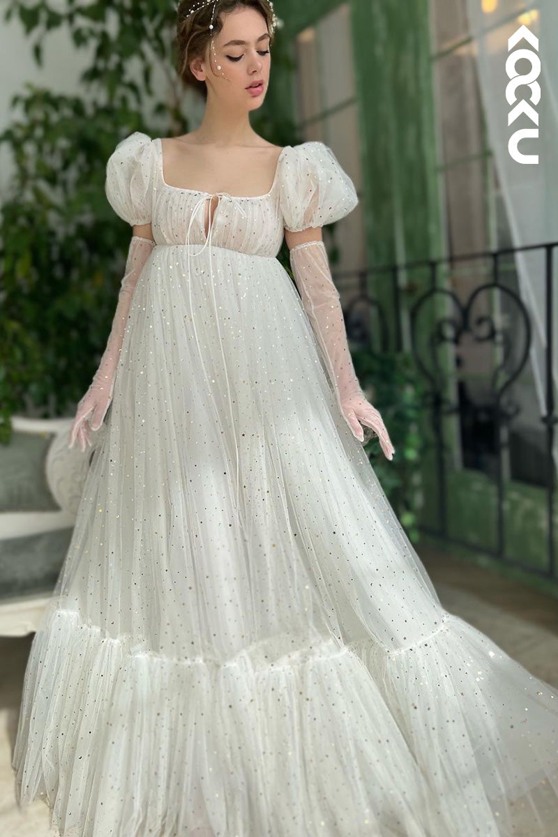L1621 - Square Neck Short Puff Sleeves Tulle A-Line Long Prom Gown