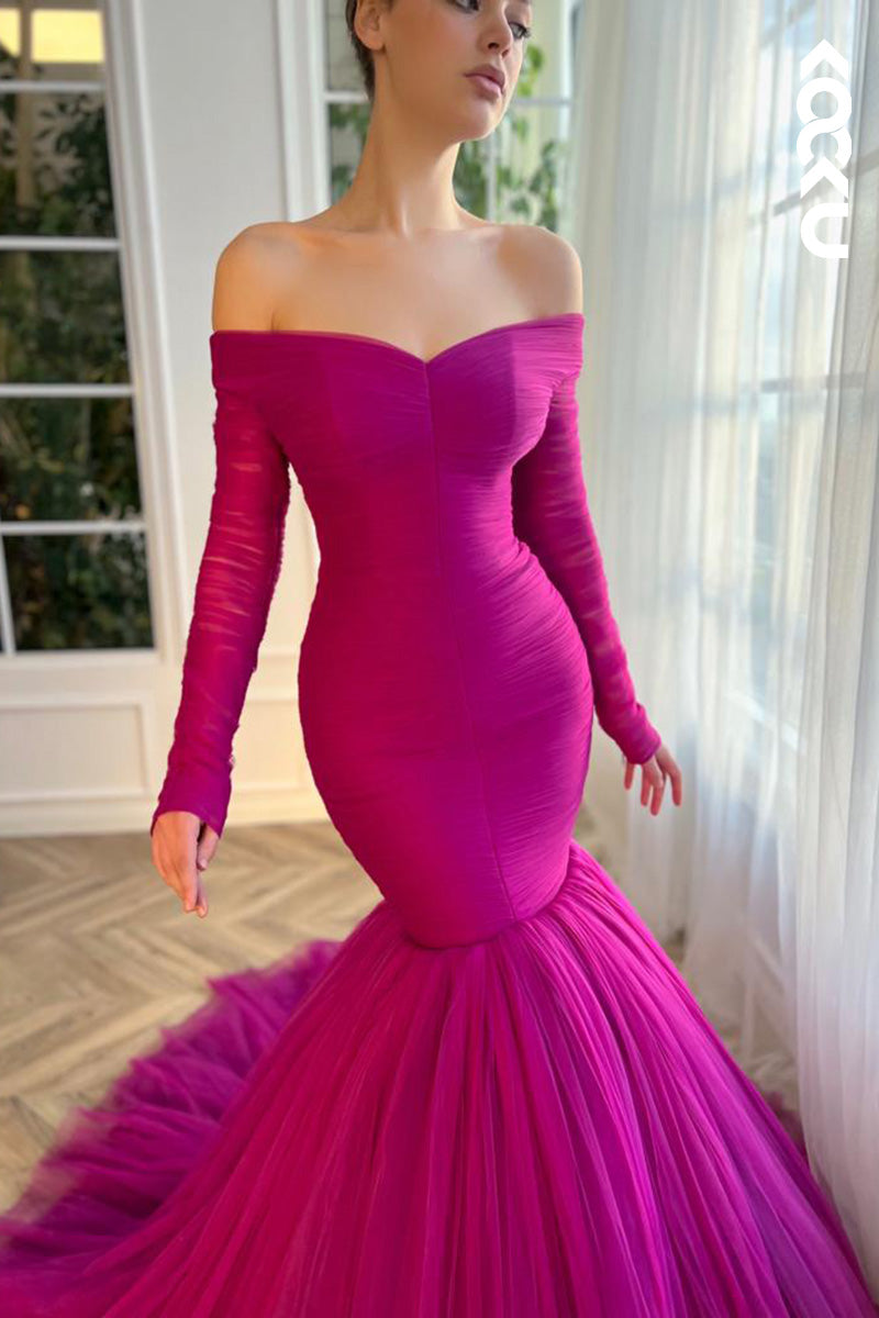 L1622 - Off- Shoulder Long Sleeves Tulle Mermaid Long Prom Gown