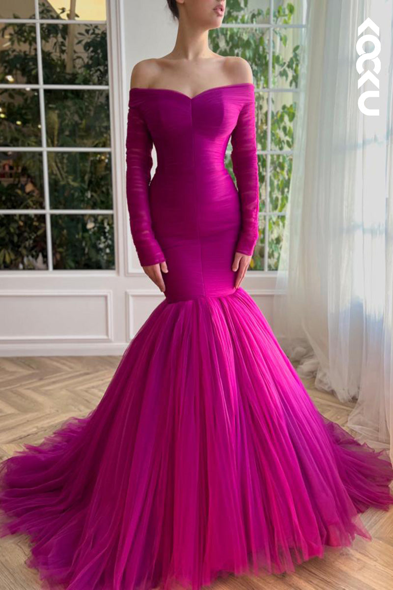 L1622 - Off- Shoulder Long Sleeves Tulle Mermaid Long Prom Gown
