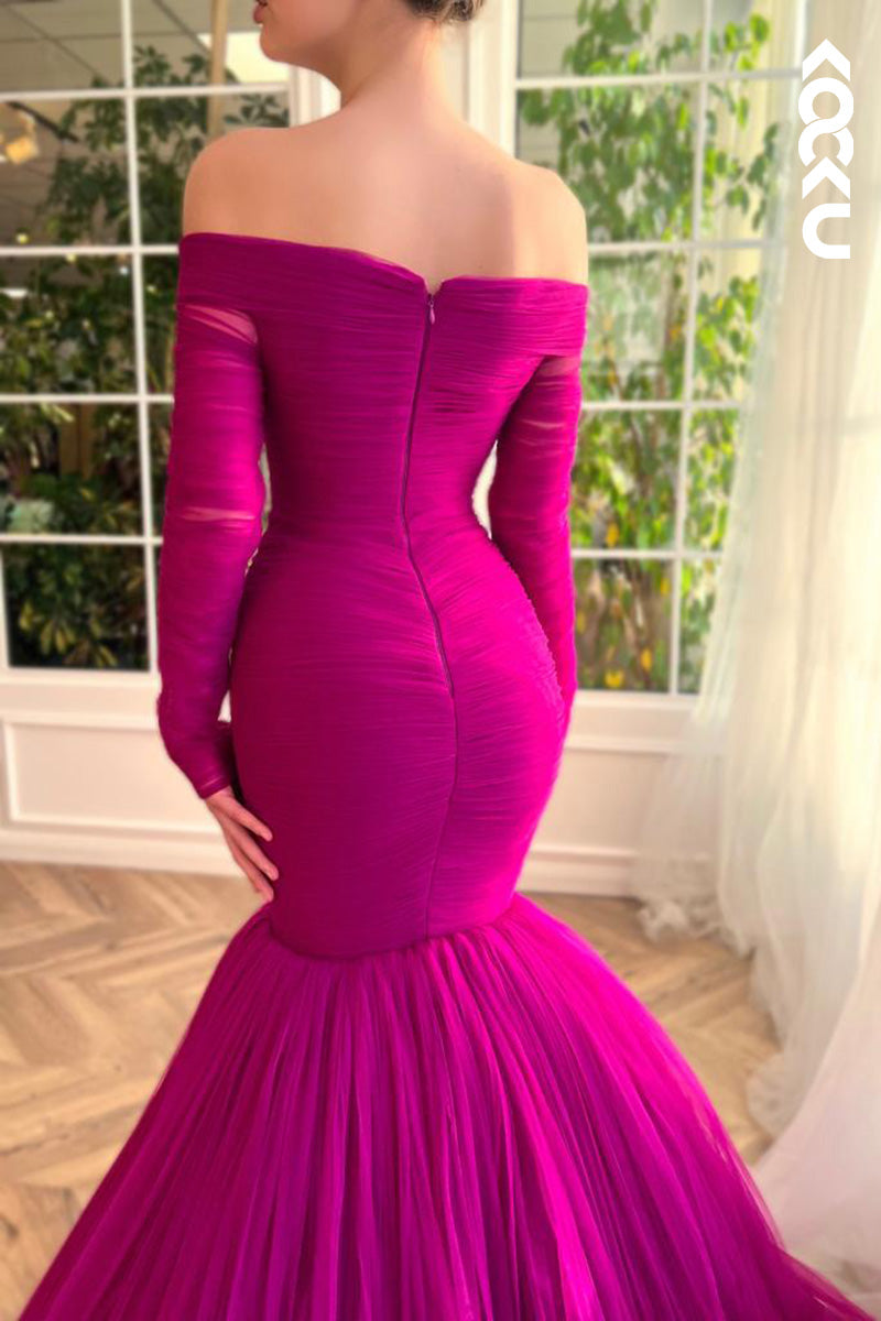 L1622 - Off- Shoulder Long Sleeves Tulle Mermaid Long Prom Gown