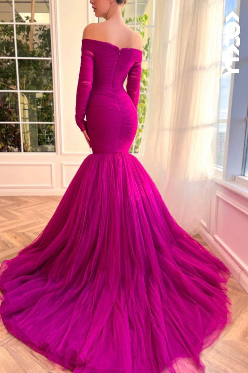 L1622 - Off- Shoulder Long Sleeves Tulle Mermaid Long Prom Gown