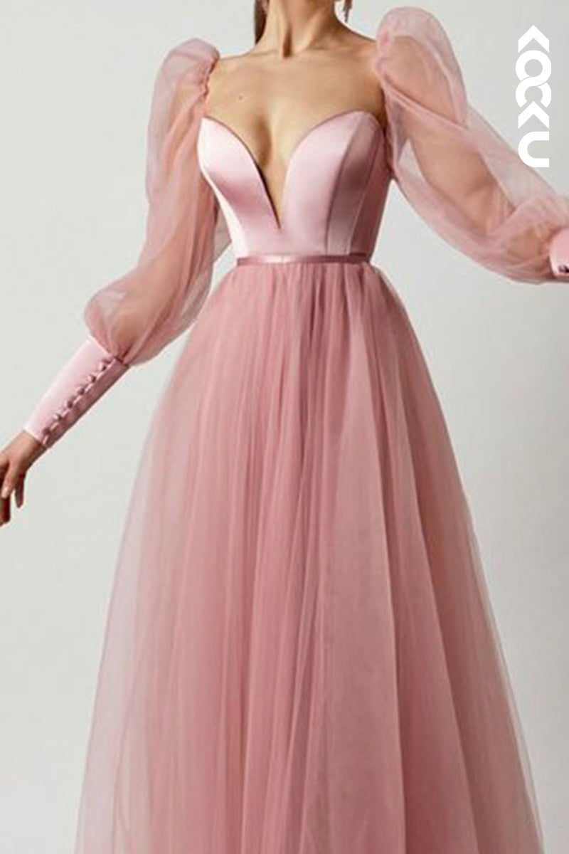 L1623 - A Line Low V Neck Long Sleeves Pleated Tulle Long Prom Evening Dress