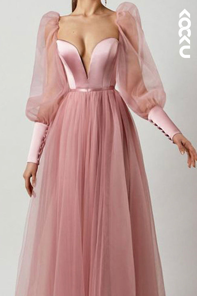 L1623 - A Line Low V Neck Long Sleeves Pleated Tulle Long Prom Evening Dress