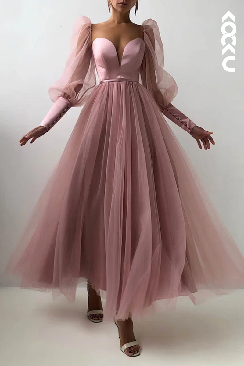 L1623 - A Line Low V Neck Long Sleeves Pleated Tulle Long Prom Evening Dress