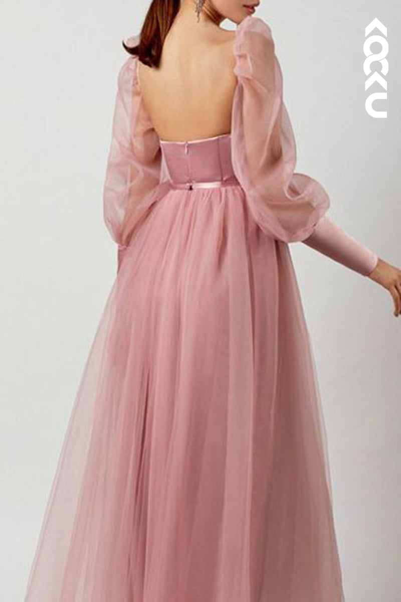 L1623 - A Line Low V Neck Long Sleeves Pleated Tulle Long Prom Evening Dress