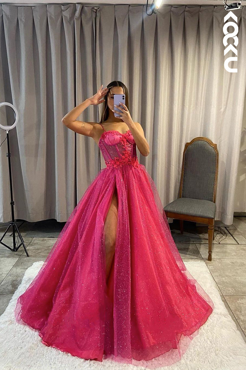 L1624 - Sweetheart Spaghetti Straps Appliqued Tulle A-Line Prom Gown