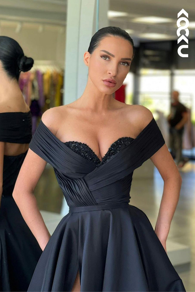 L1626 - Sweetheart Off-Shoulder Sequined Ruched A-Line Long Prom Gown