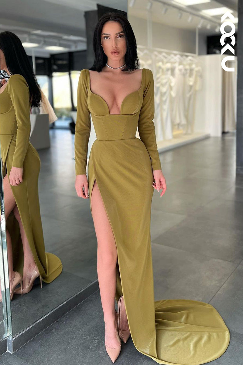 L1627 - V-Neck Long Sleeves Sheath Long Prom Evening Gown With Slit