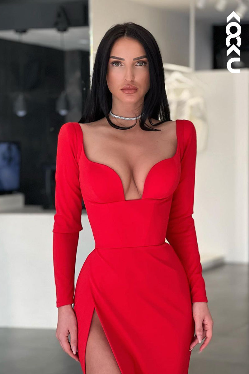 L1627 - V-Neck Long Sleeves Sheath Long Prom Evening Gown With Slit
