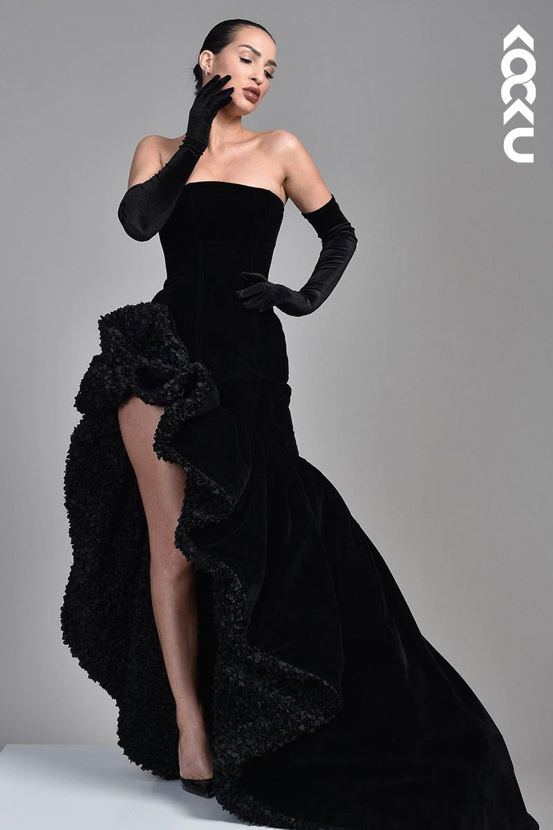 L1629 - Strapless Thigh Slit Velvet A-Line Prom Gown With Sweep Train