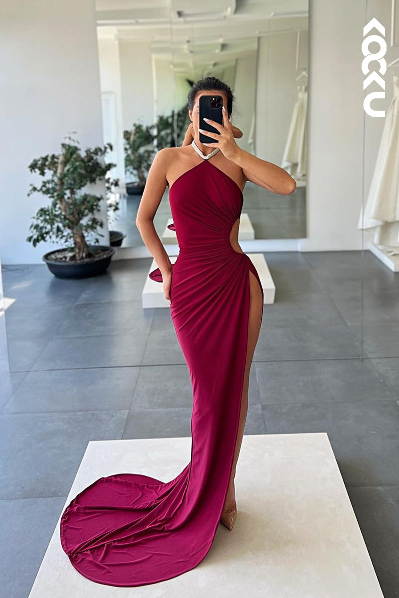 L1630 - Halter Cut Outs Ruched Sheath Long Prom Evening Gown With Slit
