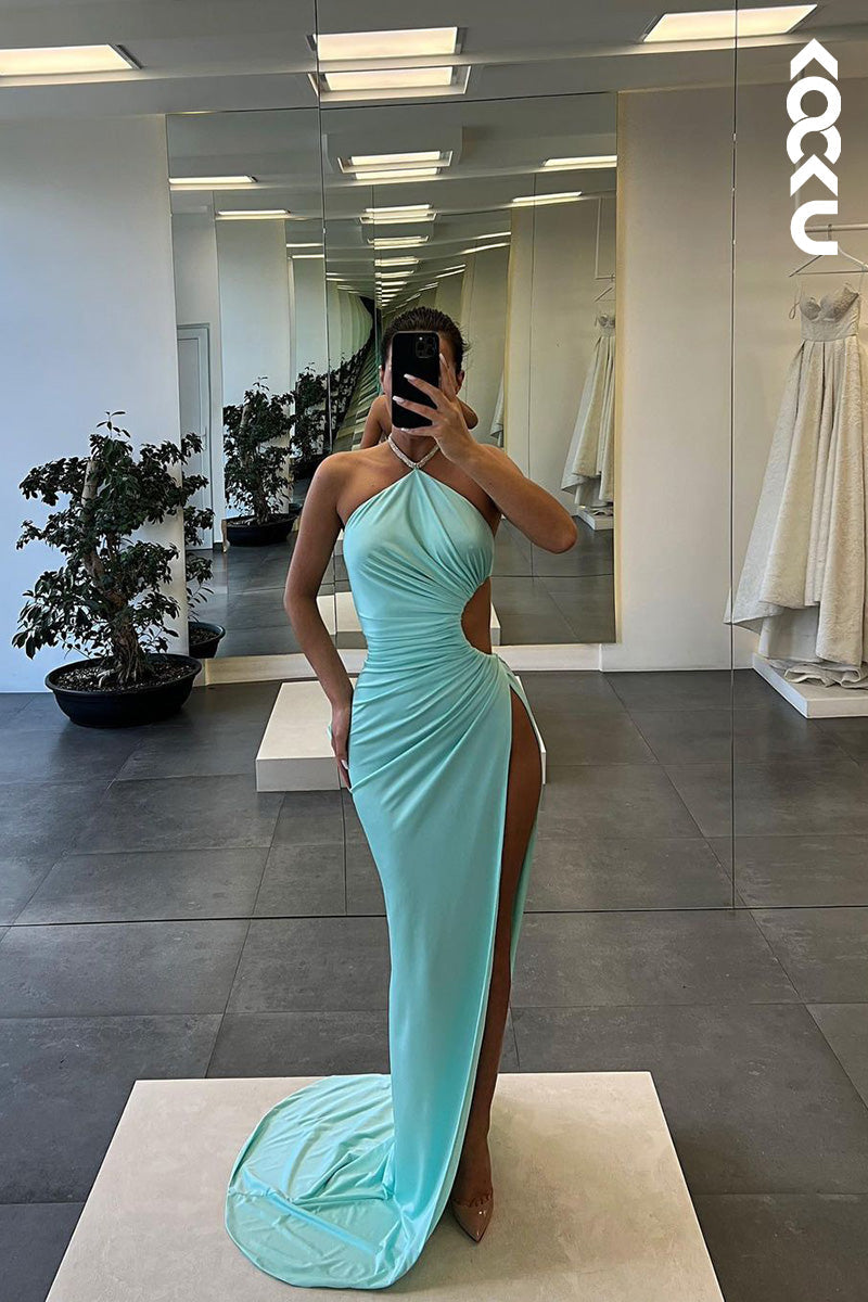 L1630 - Halter Cut Outs Ruched Sheath Long Prom Evening Gown With Slit