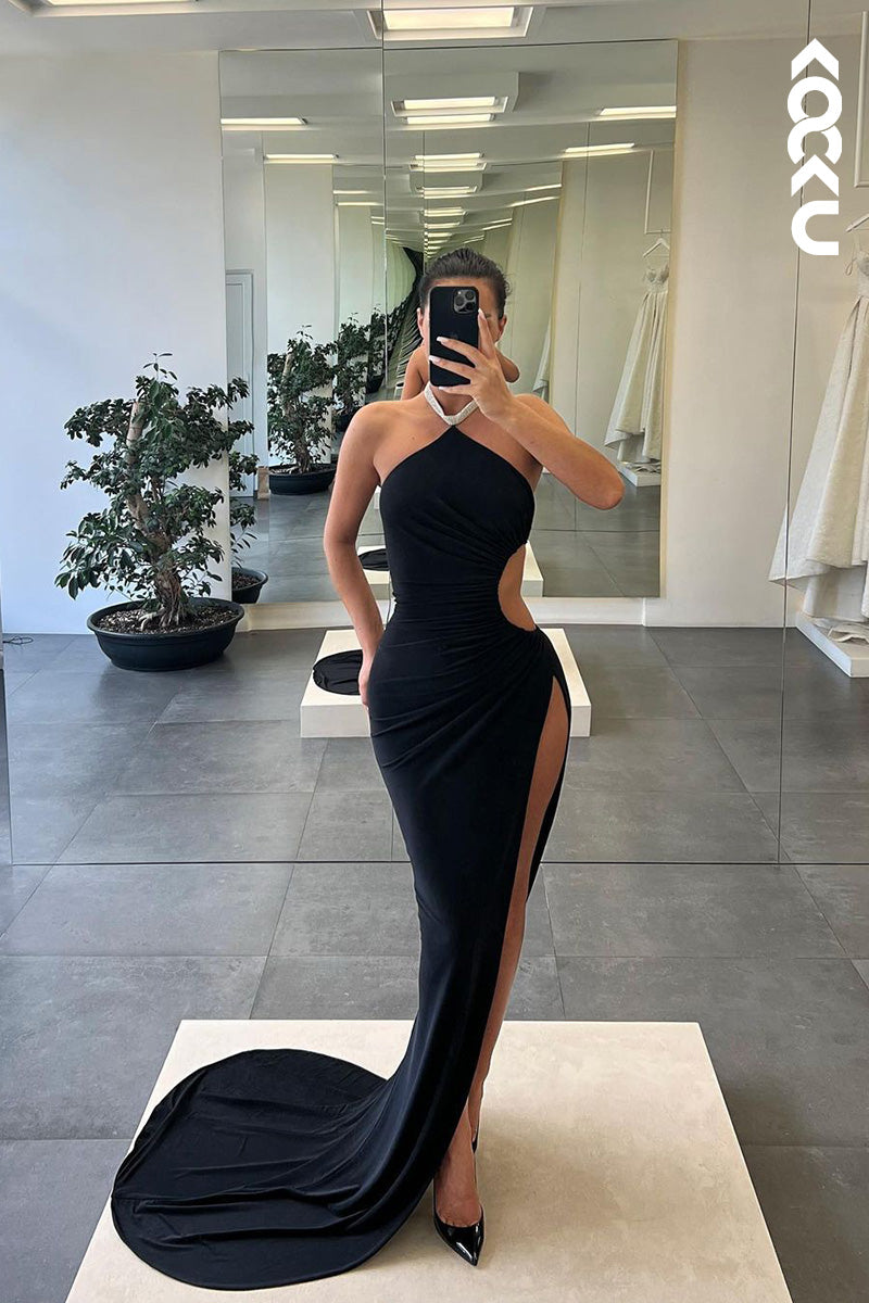 L1630 - Halter Cut Outs Ruched Sheath Long Prom Evening Gown With Slit