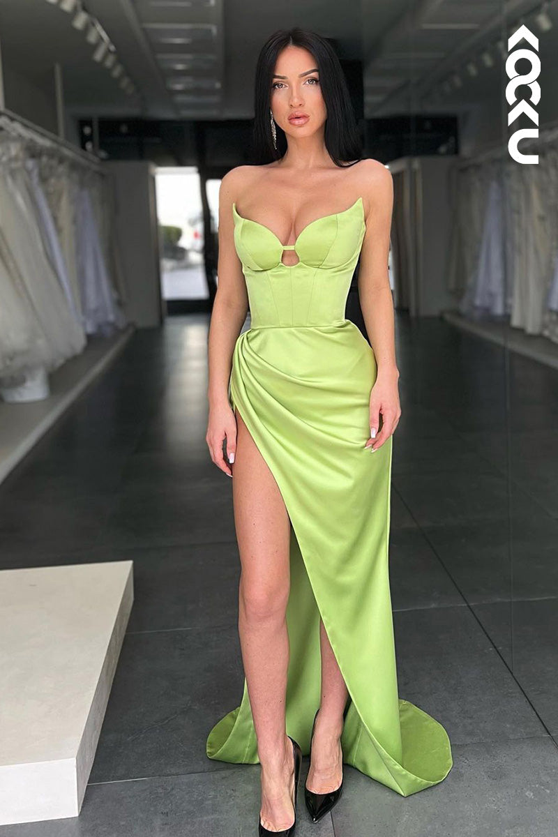 L1631 - V-Neck Strapless Satin Sheath Long Prom Evening Gown With Slit