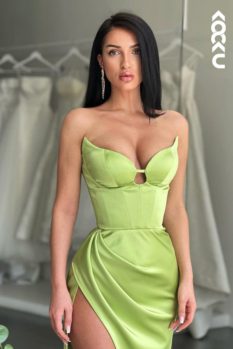 L1631 - V-Neck Strapless Satin Sheath Long Prom Evening Gown With Slit