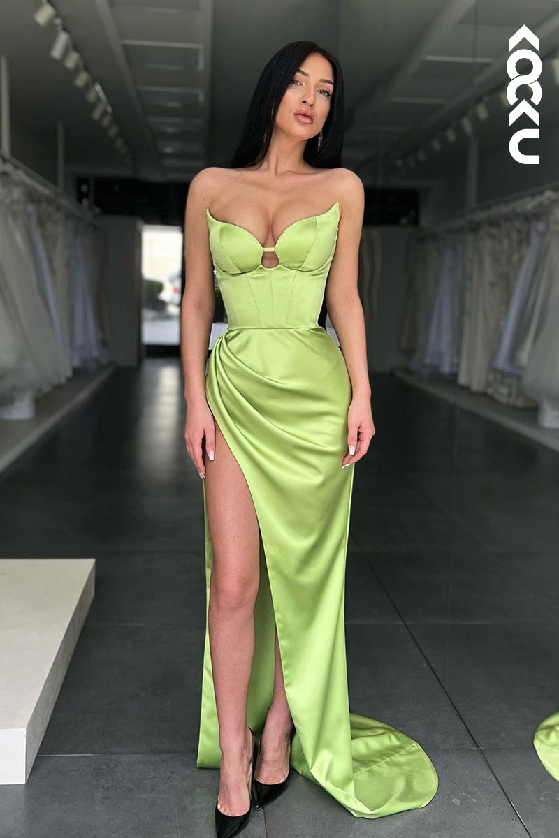 L1631 - V-Neck Strapless Satin Sheath Long Prom Evening Gown With Slit