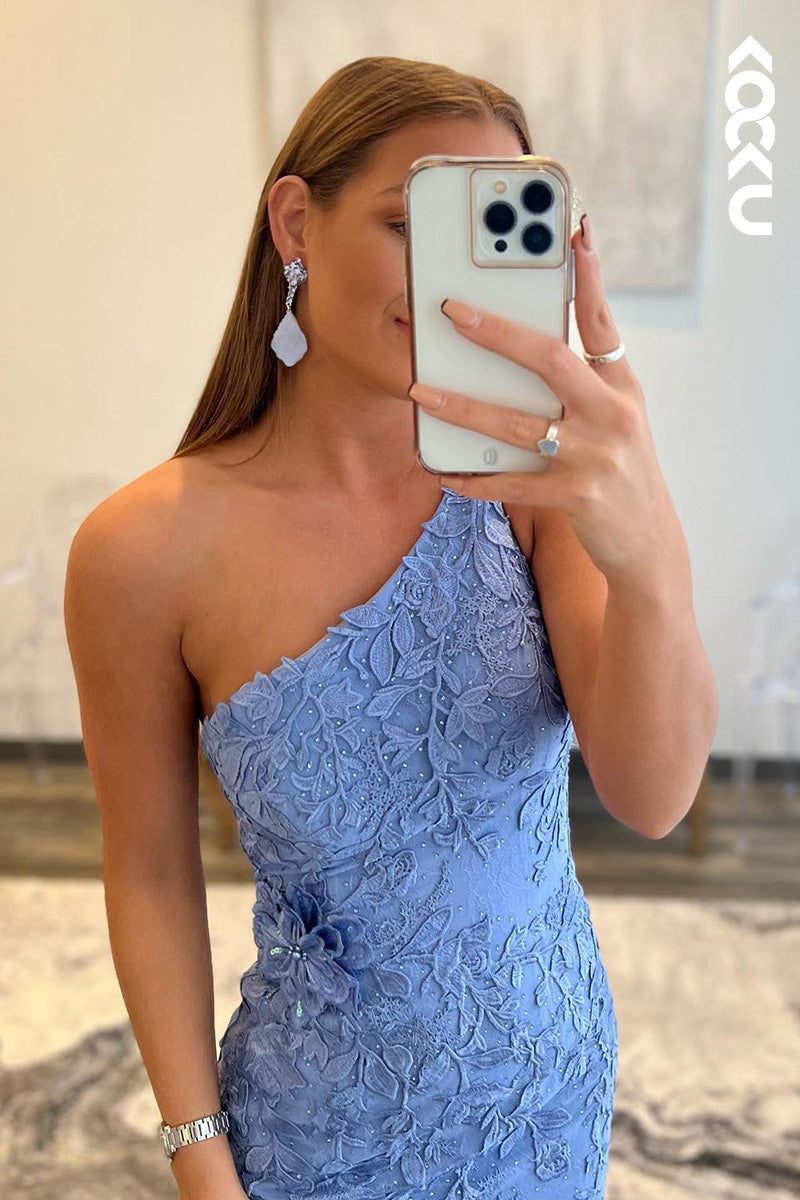 L1632 - One Shoulder Appliqued Sheath Long Prom Gown With Slit
