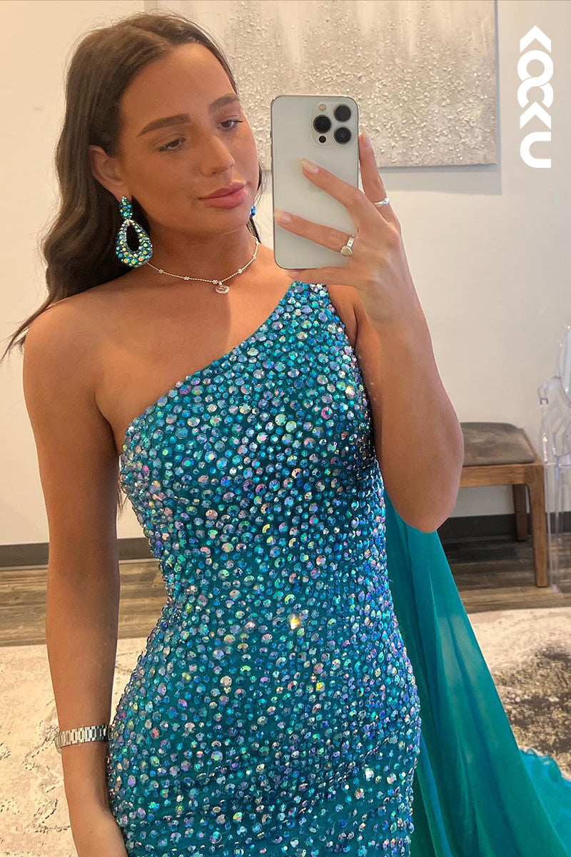 L1633 - One Shoulder Beaded Sparkly Sheath Long Prom Gown With Shawl