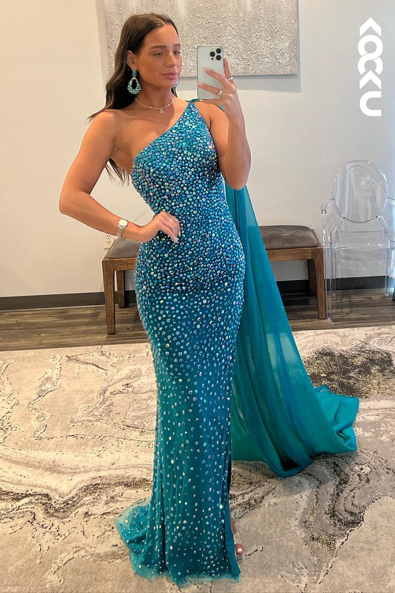 L1633 - One Shoulder Beaded Sparkly Sheath Long Prom Gown With Shawl