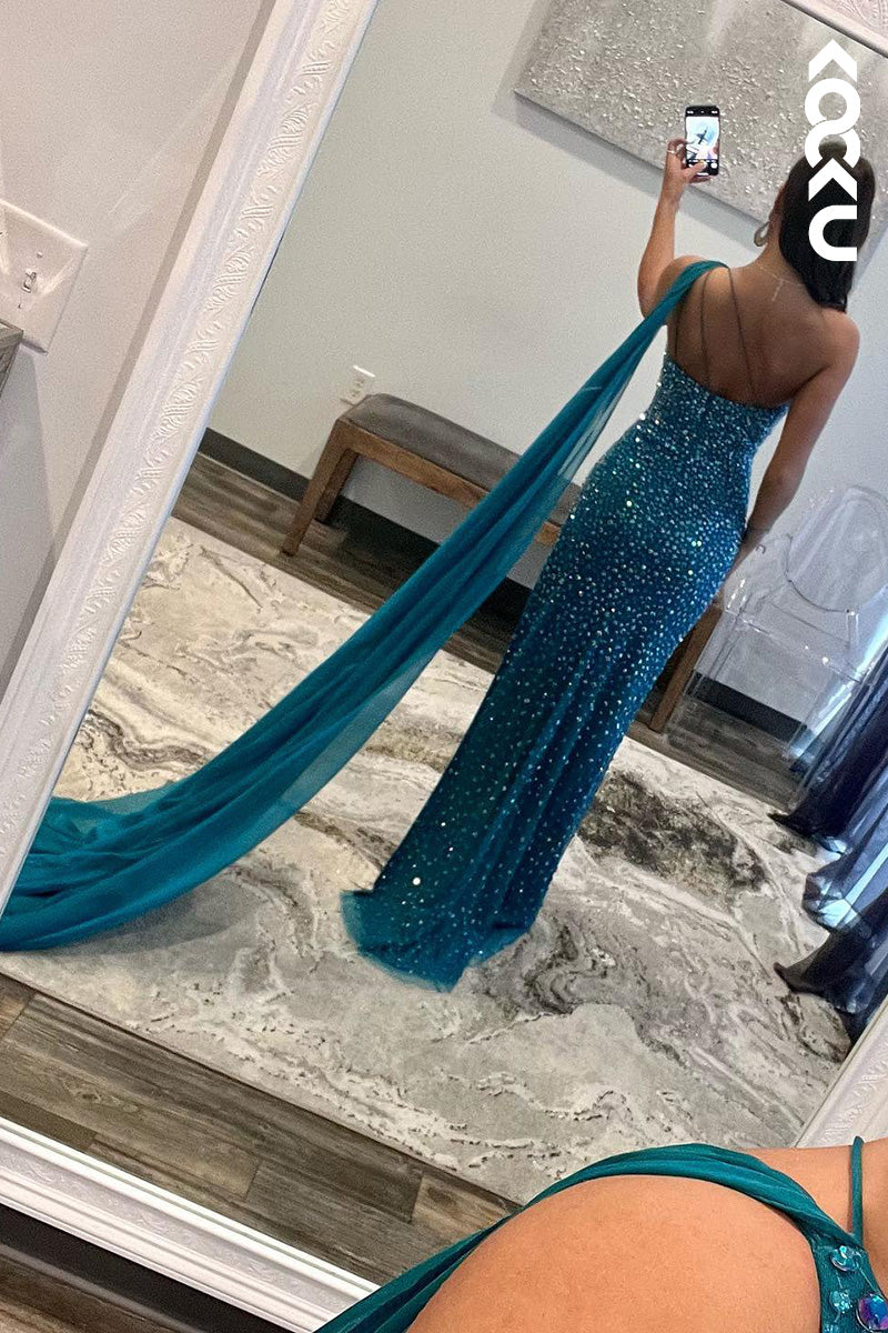 L1633 - One Shoulder Beaded Sparkly Sheath Long Prom Gown With Shawl