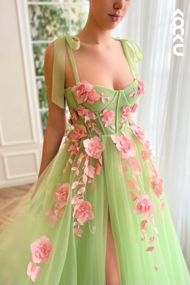 L1634 - Sweetheart Appliqued Tulle A-Line Long Prom Gown With Slit