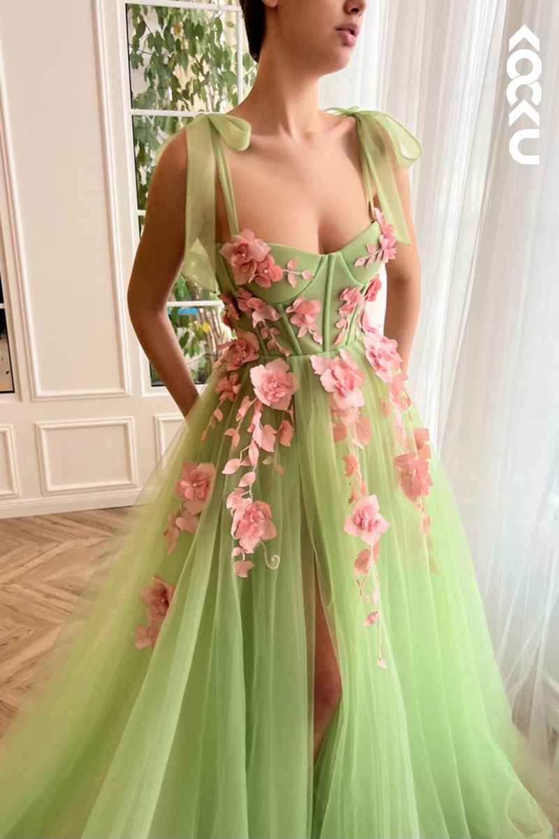 L1634 - Sweetheart Appliqued Tulle A-Line Long Prom Gown With Slit