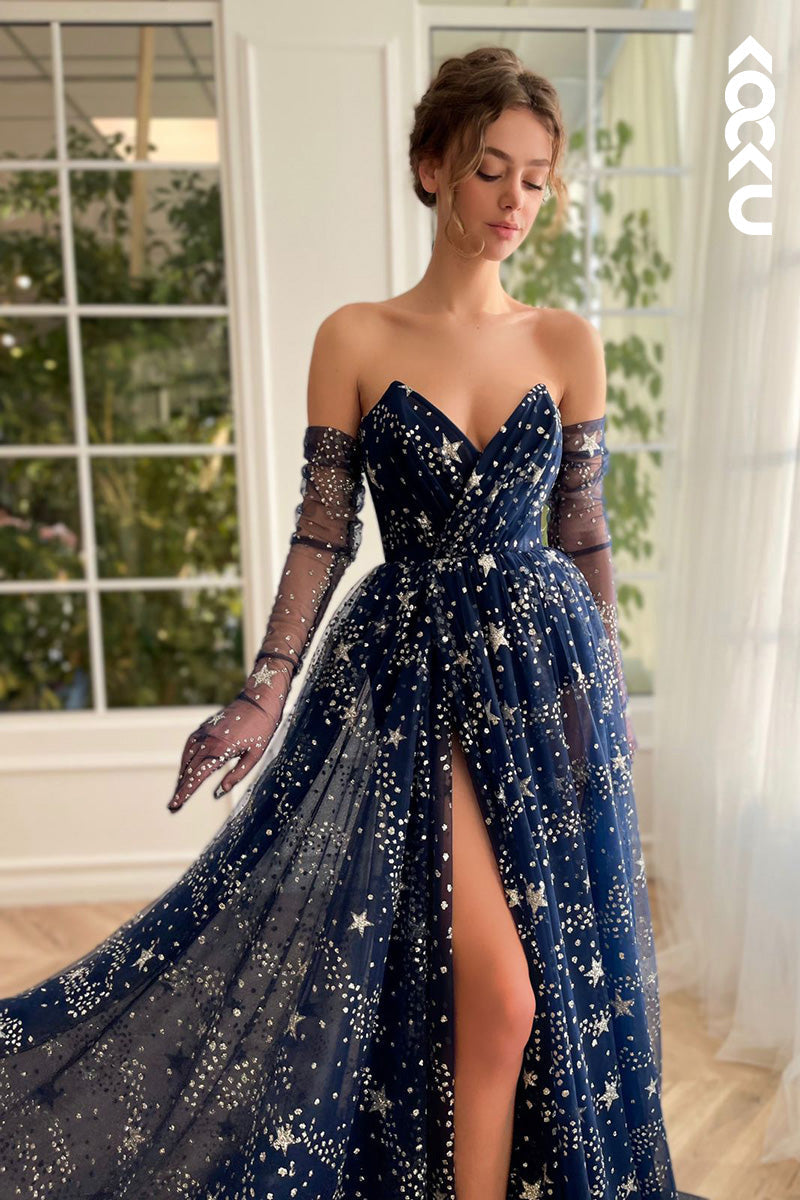 L1636 - V-Neck Strapless Star Tulle A-Line Long Prom Gown With Slit