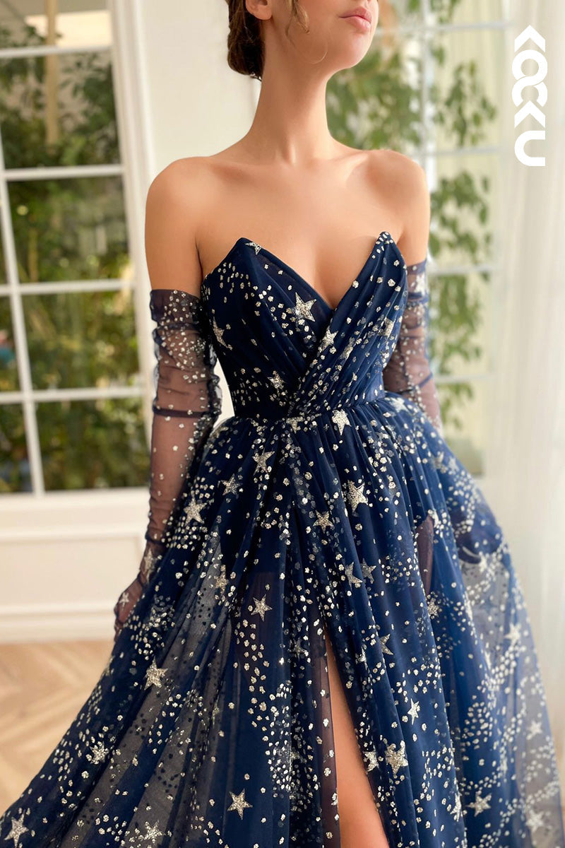 L1636 - V-Neck Strapless Star Tulle A-Line Long Prom Gown With Slit