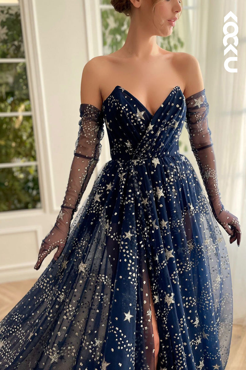 L1636 - V-Neck Strapless Star Tulle A-Line Long Prom Gown With Slit
