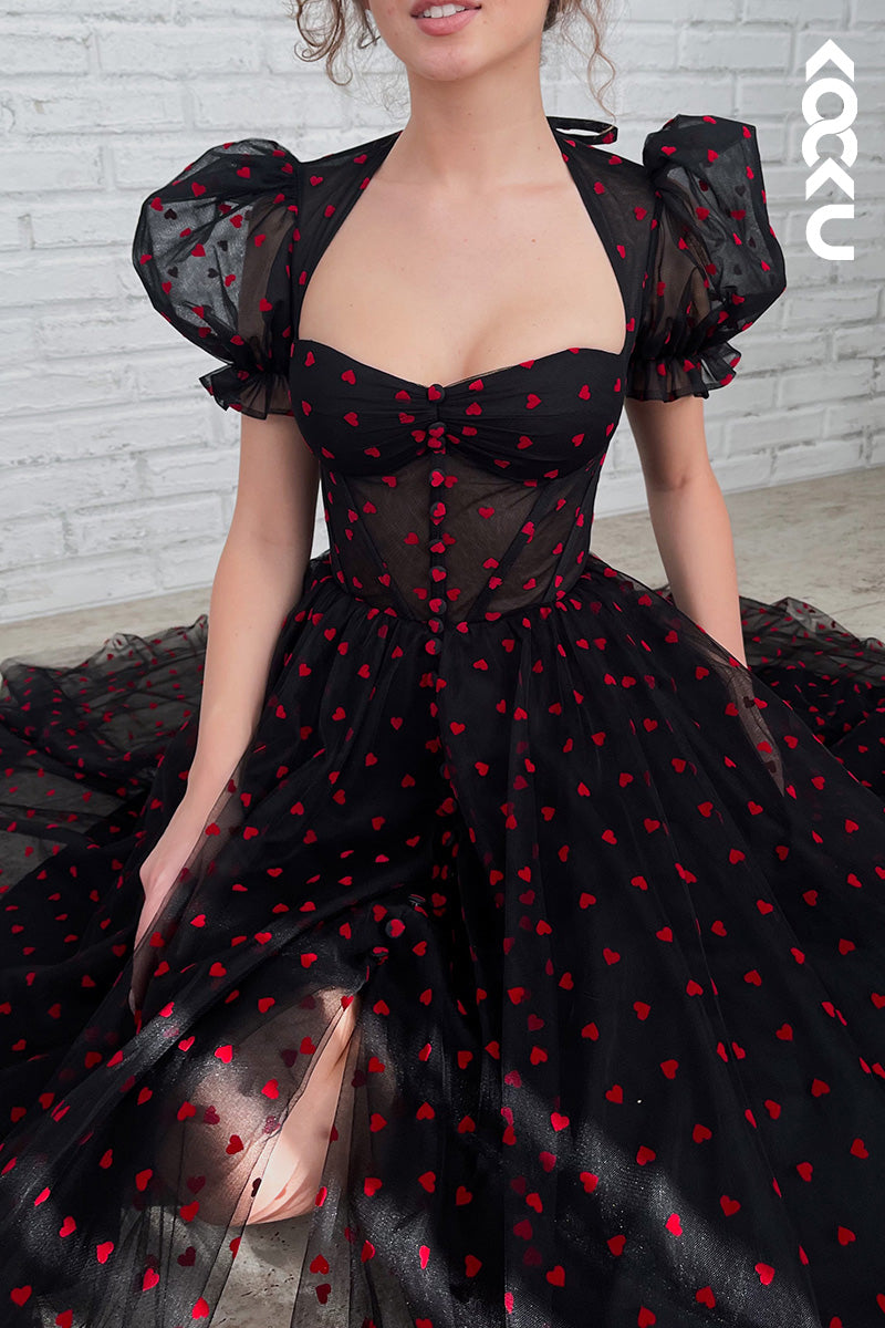 L1637 - Sweetheart Short Puff Sleeves Tulle Midi Prom Gown With Slit