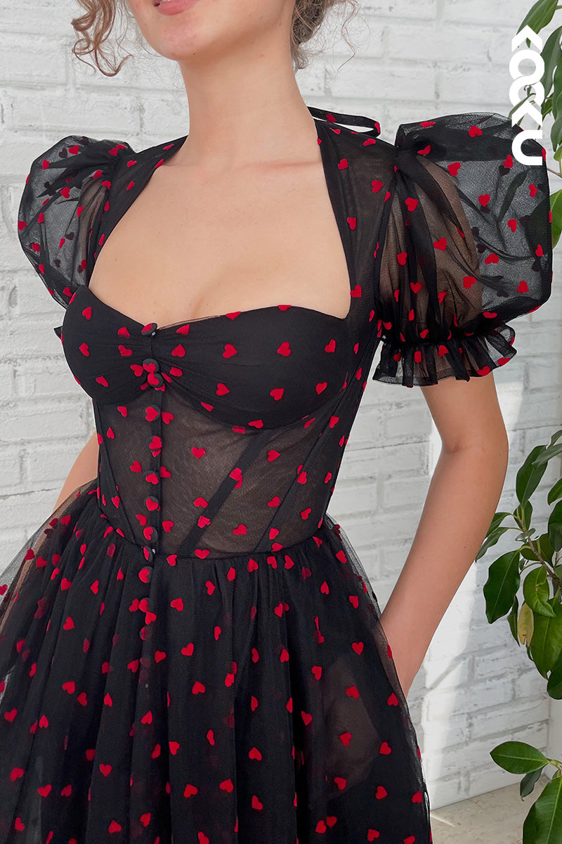 L1637 - Sweetheart Short Puff Sleeves Tulle Midi Prom Gown With Slit