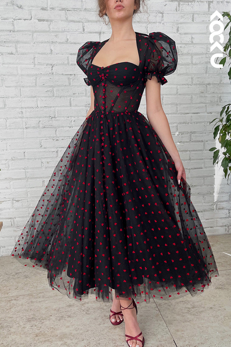 L1637 - Sweetheart Short Puff Sleeves Tulle Midi Prom Gown With Slit